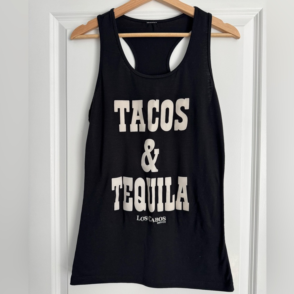Black Tank Top with Tacos & Tequila Print